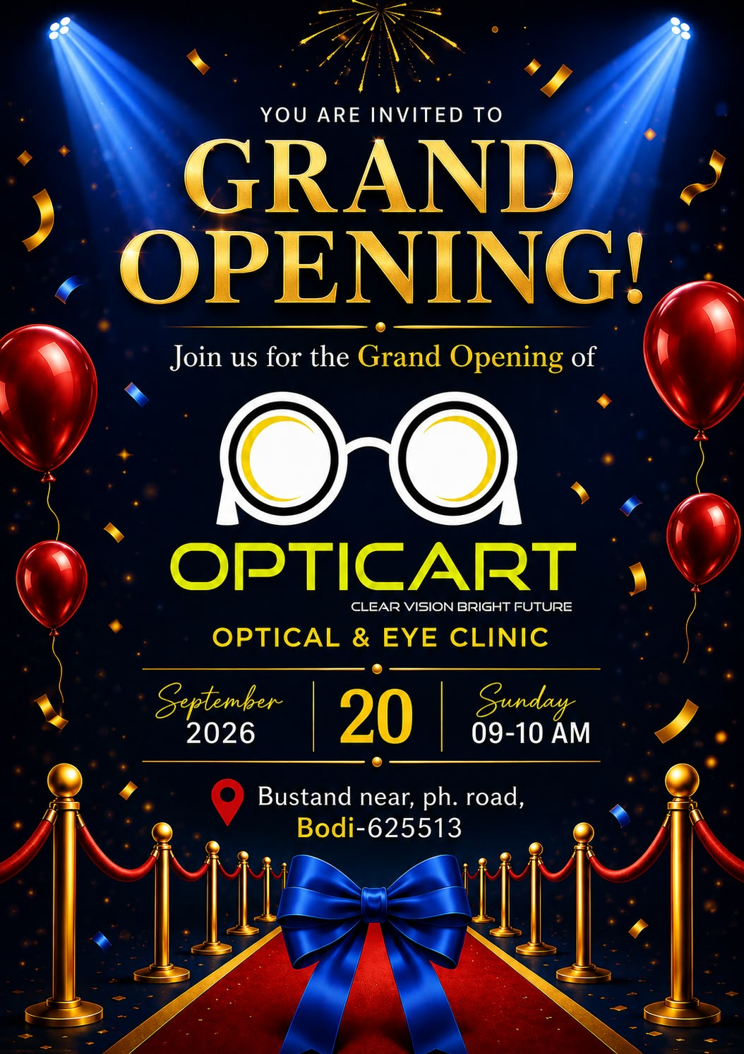 Grand opening announcement for the Opticart branch on P. H. Road, Bodinayakanur, on 20 September 2026